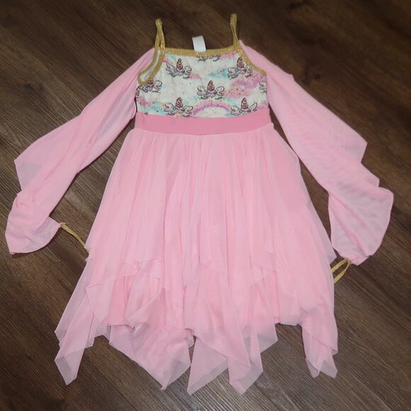 Girls Placard Originals Unicorn Juliet Dress Pink Gold Tulle Fairy Wings sz 9/10